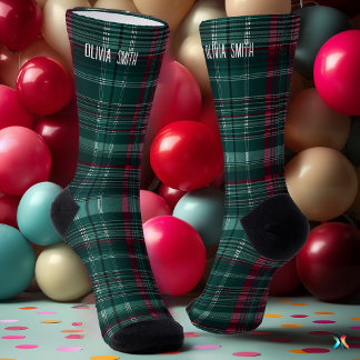 Anpassbare Smaragdgrün und Burgundy Tartan Socken