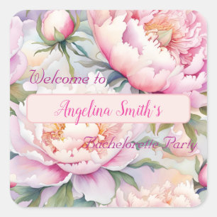 Anpassbare Soft-Pink-Pfingstrose-Junggesellinnenpa Quadratischer Aufkleber