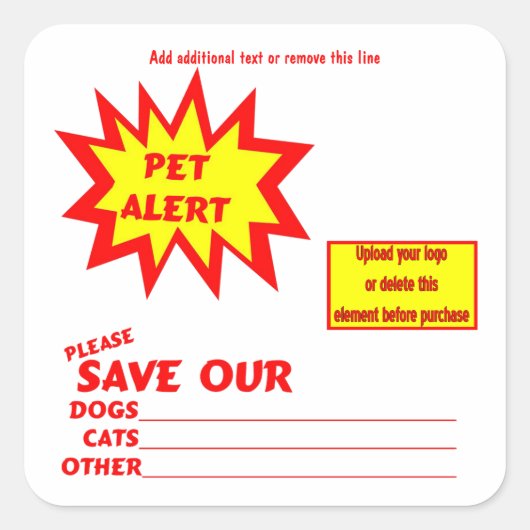 Anpassbare Square Emergency Pet Alert-Sticker Quadratischer Aufkleber (Vorderseite)
