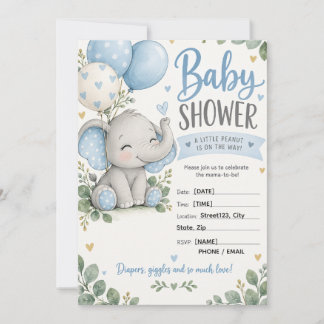 Anpassbare Süße Wasserfarbe Baby-Elefant-Dusche Einladung
