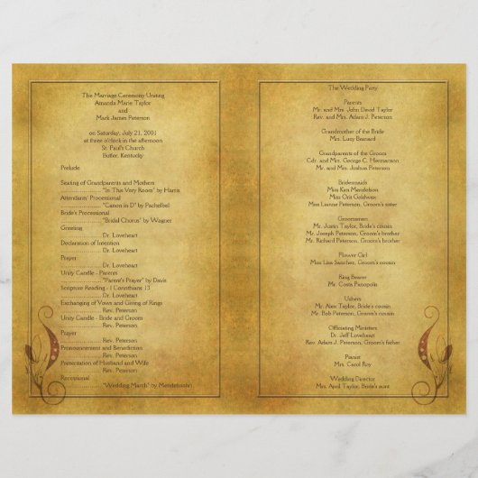 Anpassbare Vintage-Hochzeitsprogramme (Rückseite)