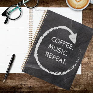 Anpassbarer Ausdruck Kaffee. Musik. Wiederholen. Planer
