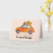 Anpassbarer Erntedank Orange Retro Fiat 500 Karte (Gelbe Blume)