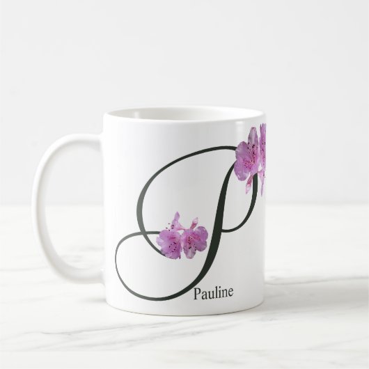 Anpassbarer Name Pauline rosa Blume mädchenhafte b Kaffeetasse (Links)
