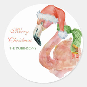 Anpassbarer Name Rosa Weihnachten Santa Flamingo Runder Aufkleber