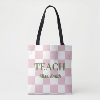 Anpassbarer Name Teach Tote Süß Rosa Kariert Tasche