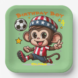 Anpassbarer Niedlicher Happy Monkey Soccer Player Pappteller