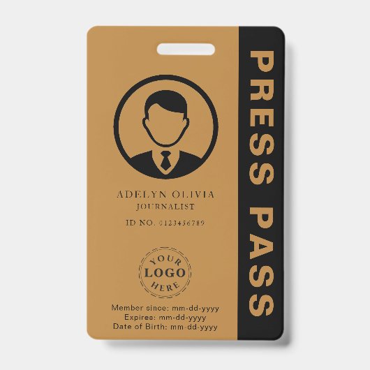 Anpassbarer Pressepass mit Foto-ID und Barcode Ausweis (Vorderseite)