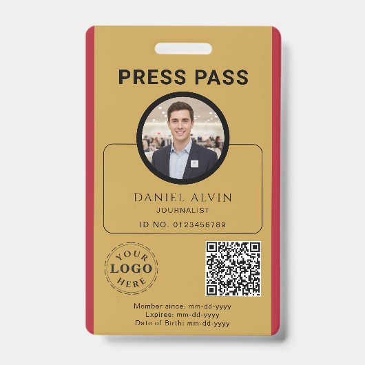 Anpassbarer Pressepass mit Foto-ID und QR-Code Ausweis (Vorderseite)