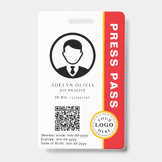 Anpassbarer Pressepass mit Foto-ID und QR-Code Ausweis (Vorderseite)