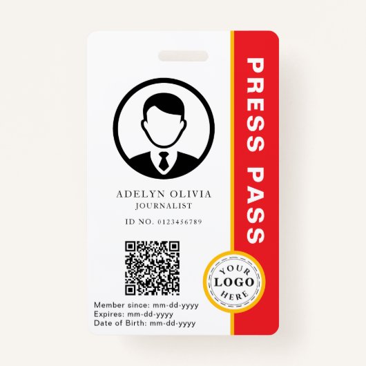 Anpassbarer Pressepass mit Foto-ID und QR-Code Ausweis (Vorderseite)