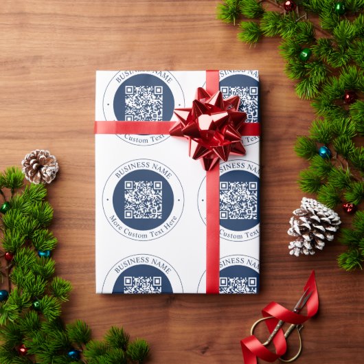 Anpassbarer QR-Code & Text | Dunkles Marineblau Geschenkpapier (Feiertagsgeschenk)