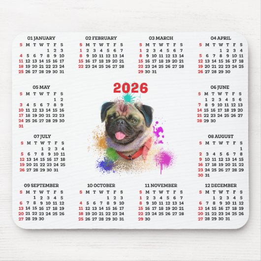 Anpassbarer süßer Mops-Hund-Kalender Mousepad (Vorne)