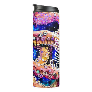 Anpassbarer Wasserfarbtopus mit Namen Thermosbecher