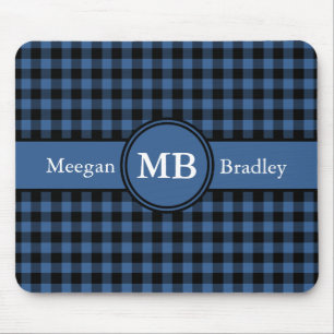 Anpassbares Blau und Schwarz kariertes Gingham Mousepad