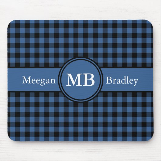 Anpassbares Blau und Schwarz kariertes Gingham Mousepad (Vorne)