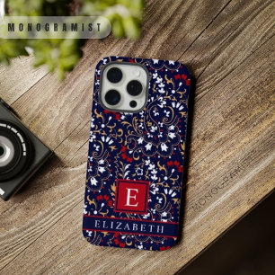 Anpassbares Dunkelblau Rot Weiß Paisley iPhone 15 Pro Max Hülle