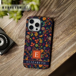 Anpassbares dunkles Navy Blau Orange Paisley Muste iPhone 15 Pro Max Hülle