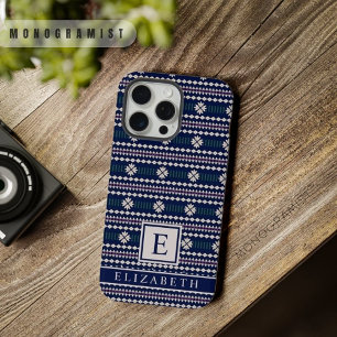 Anpassbares Dunkles Navyblau Weiß Grau Aztekenmust iPhone 15 Pro Max Hülle