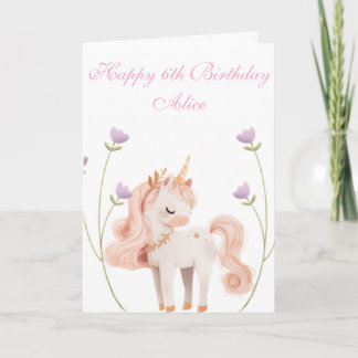Anpassbares Einhorn mit Blumen 6. Geburtstag Karte