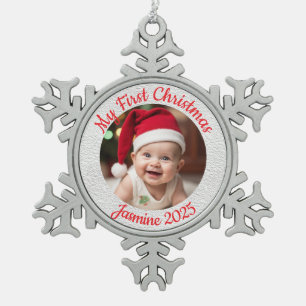 Anpassbares Erstes Weihnachten für Babys Schneeflocken Zinn-Ornament