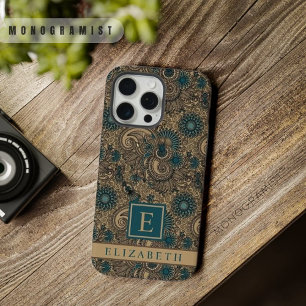Anpassbares Gold-Schwarz-Türkis-Blau-Paisley-Muste iPhone 15 Pro Max Hülle