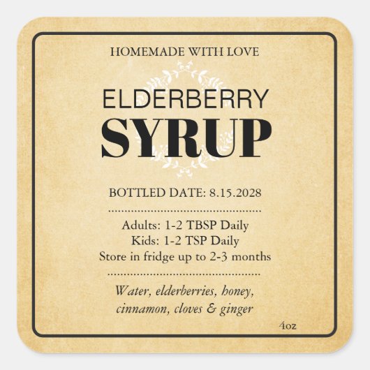 Anpassbares Holunder-Sirup-Label ZEB_04a Quadratischer Aufkleber (Vorderseite)