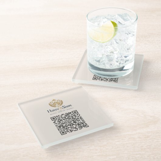Anpassbares Logo und QR-Code Soft Warm Elfenbein Glasuntersetzer (Schrägansicht)