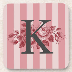 Anpassbares Monogramm Rosa Streifen Rosenkohl-Rose Getränkeuntersetzer
