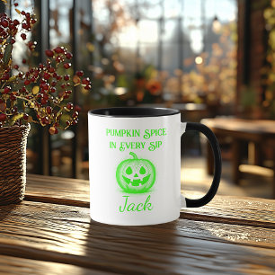 Anpassbares Neon-Halloween - Grünes Kürbis-Design Tasse