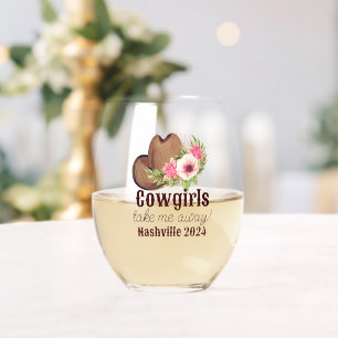 Anpassbares Rustikales Rosa Florales Cowgirl-Motiv Weinglas Ohne Stiel