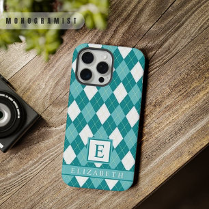 Anpassbares Teal Blau Grün Weiß Argyle-Muster iPhone 15 Pro Max Hülle