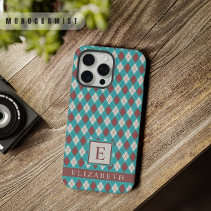 Anpassbares Türkis Blau Grün Grau Braun Argyle iPhone 15 Pro Max Hülle