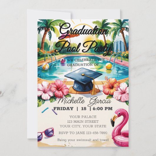 Anpassen des Flamingo Pool Graduation Party-Hibisk Einladung (Vorderseite)