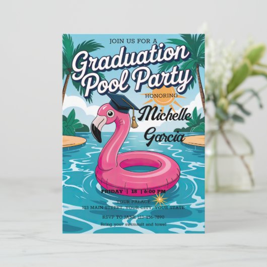 Anpassen des funny Flamingo Graduation Cap Pool Pa Einladung (Stehend Vorderseite)