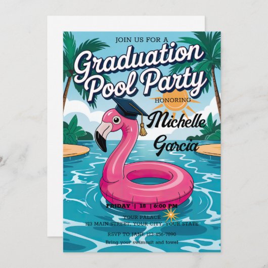 Anpassen des funny Flamingo Graduation Cap Pool Pa Einladung (Vorne/Hinten)