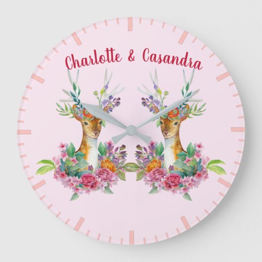 Anpassen von Twins Floral Baby Deer Baby Kinderzim Große Wanduhr (Vorderseite)