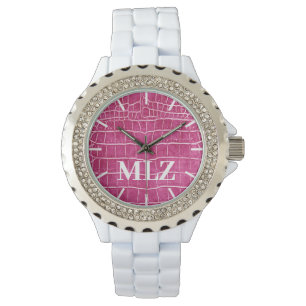 Anpasstes Monogramm-Hot-Pink-Imitat-Krokodil Armbanduhr