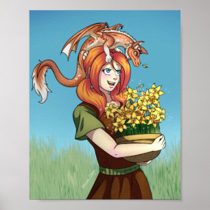 Ansammlung von Blume mit einem Drachen Poster