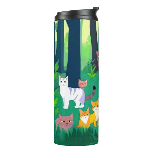 Ansammlung von Katzen in einem schattigen Waldlade Thermosbecher (Nach links gedreht)