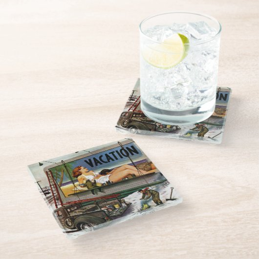 Anschlagtafel-Maler im Winter durch Stevan Dohanos Glasuntersetzer (Schrägansicht)