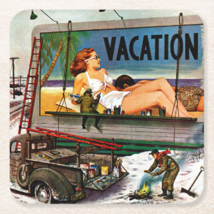 Anschlagtafel-Maler im Winter durch Stevan Dohanos Rechteckiger Pappuntersetzer