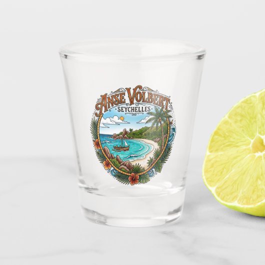 Anse Volbert, Praslin-Insel Seychellen Schnapsglas (Vorderseite)