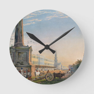 Ansicht der Verfasser-Gebäude vom Monument an Runde Wanduhr
