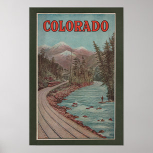 Ansicht des Zugs neben Fluss- Reise-Plakat Poster
