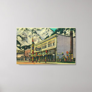 Ansicht Juneau, Alaska des alten Hexe-Totems und Leinwanddruck