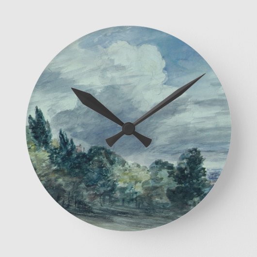 Ansicht über eine breite Landschaft, mit Bäumen im Runde Wanduhr (Vorderseite)