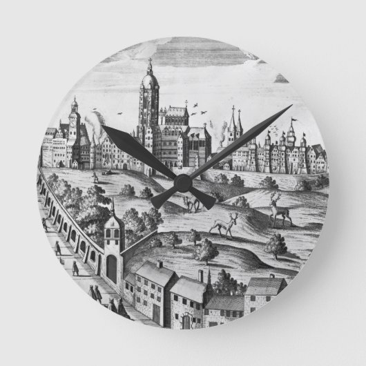 Ansicht von Prag den Kaiserpalast zeigend und Runde Wanduhr (Vorderseite)
