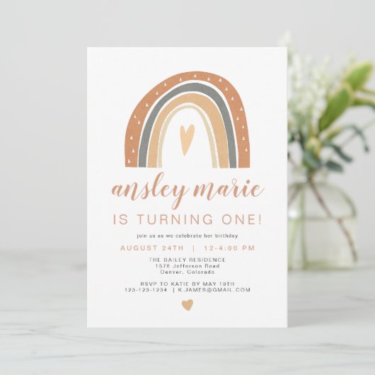 ANSLEY | Boho Burnt Orange Rust Rainbow Birthday Einladung (Stehend Vorderseite)