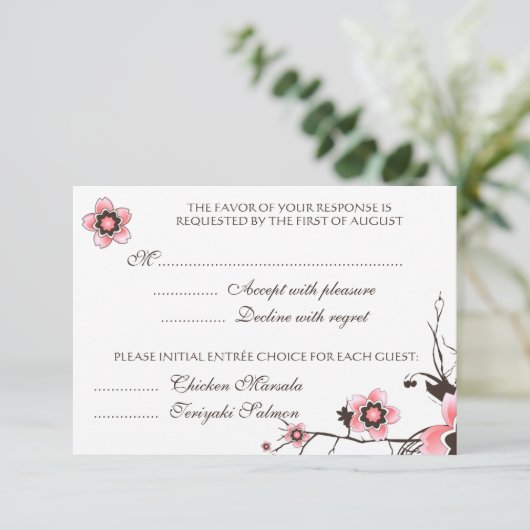 Ansprechen auf rosa und braun Kirschblossom RSVP-K RSVP Karte (Stehend Vorderseite)